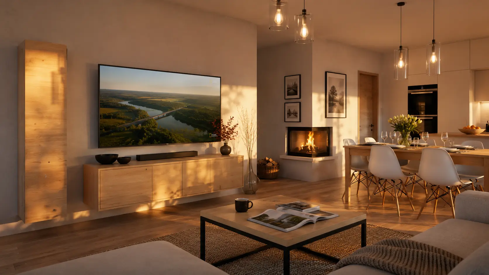 Vizualizace obývacího prostoru domu Lipno Chalet