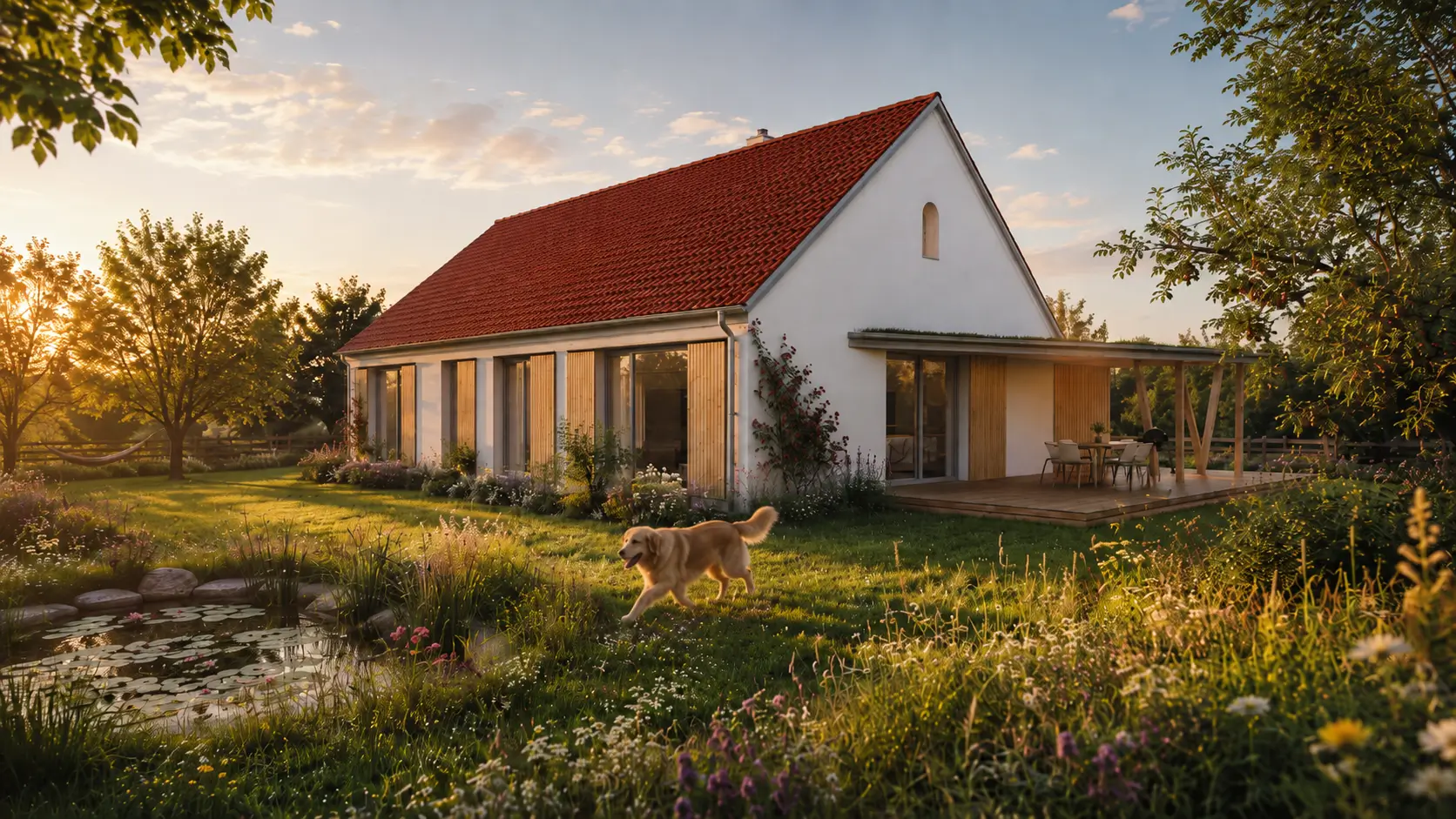 Vizualizace exteriéru domu Lipno Chalet při západu slunce